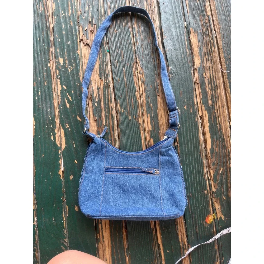 Denim Blues Patchwork Hobo Bag Blue Cream Frayed Crossbody Vintage Style